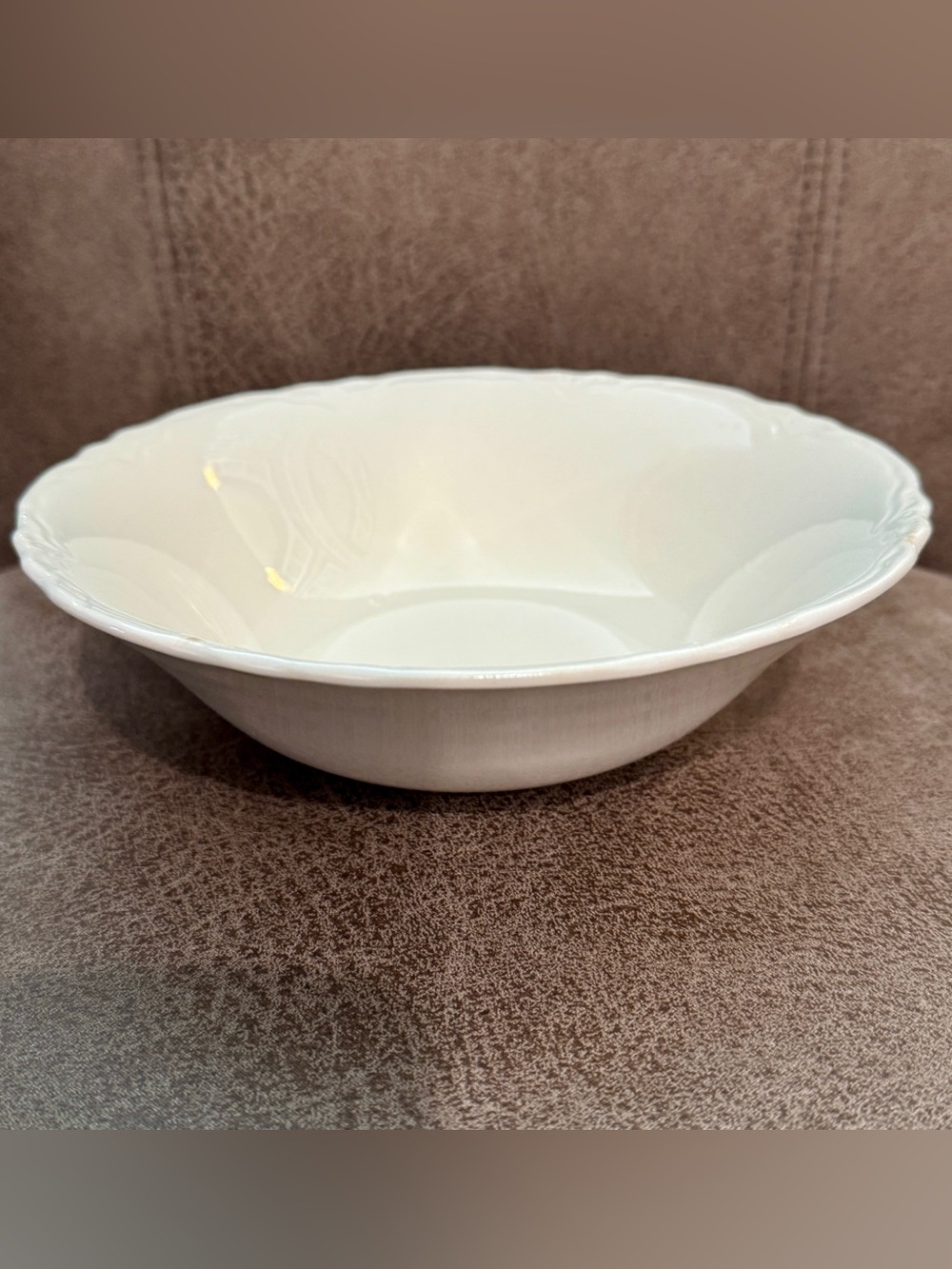 Vintage White Porcelain Serving Bowl Scalloped Embossed Rim Farmhouse Decor